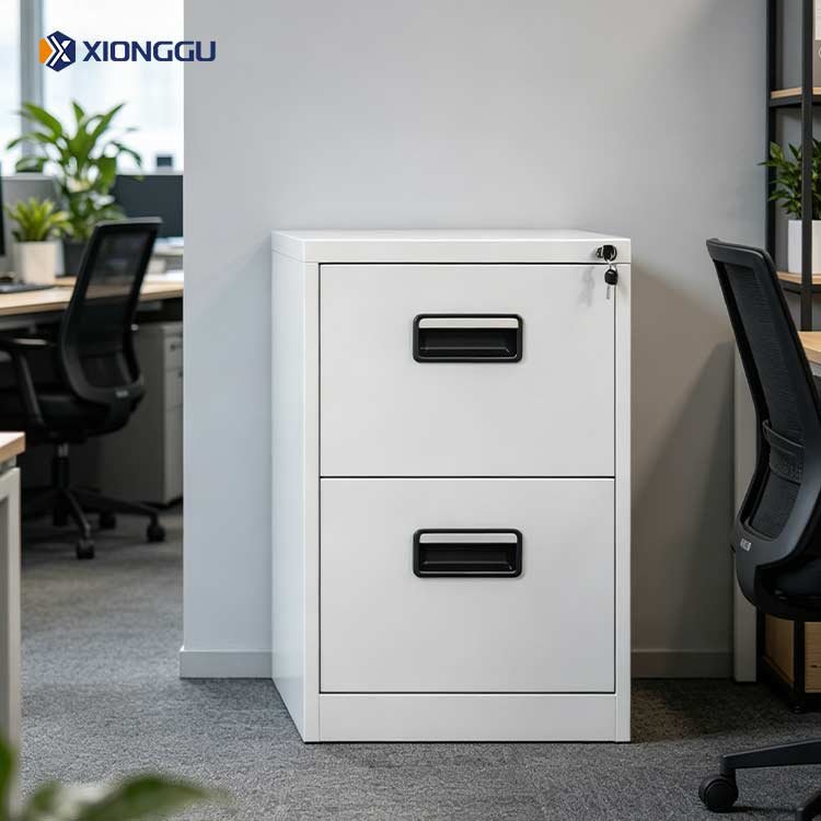White 2 drawer metal filing cabinet with black recessed handles and lock