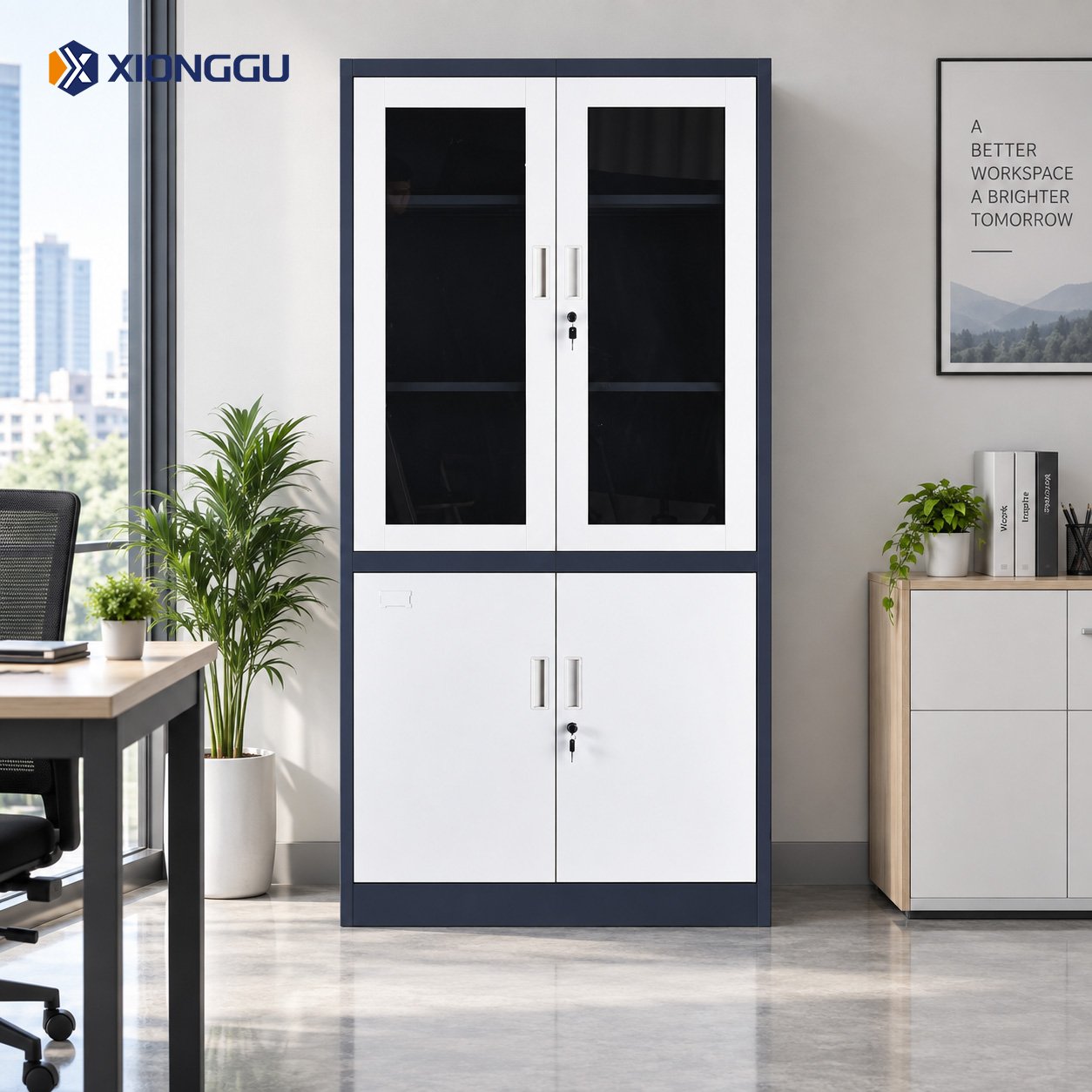 Steel glass door office storage cabinet with shelves and lower doors