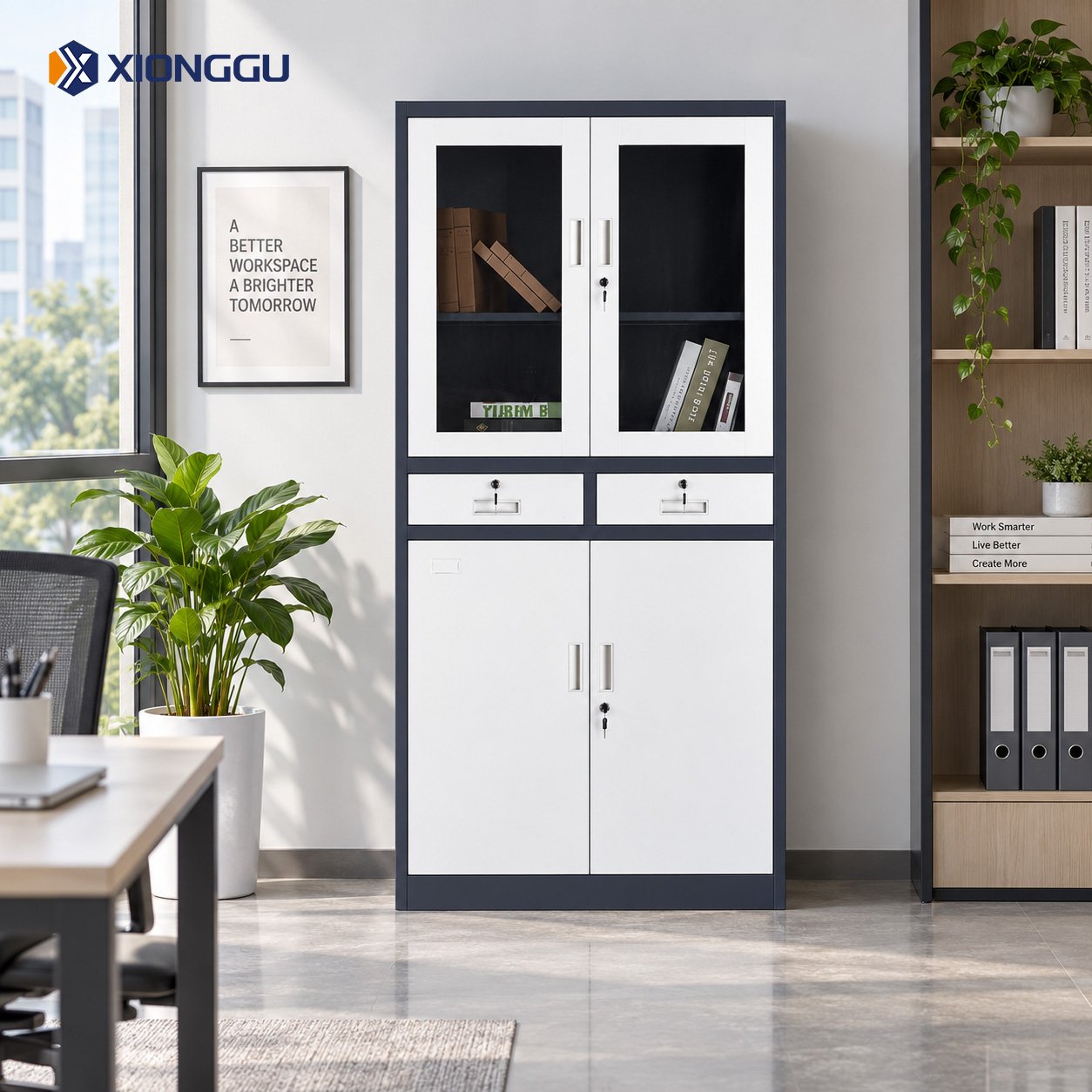 Steel office storage cabinet with glass doors drawers and bottom doors